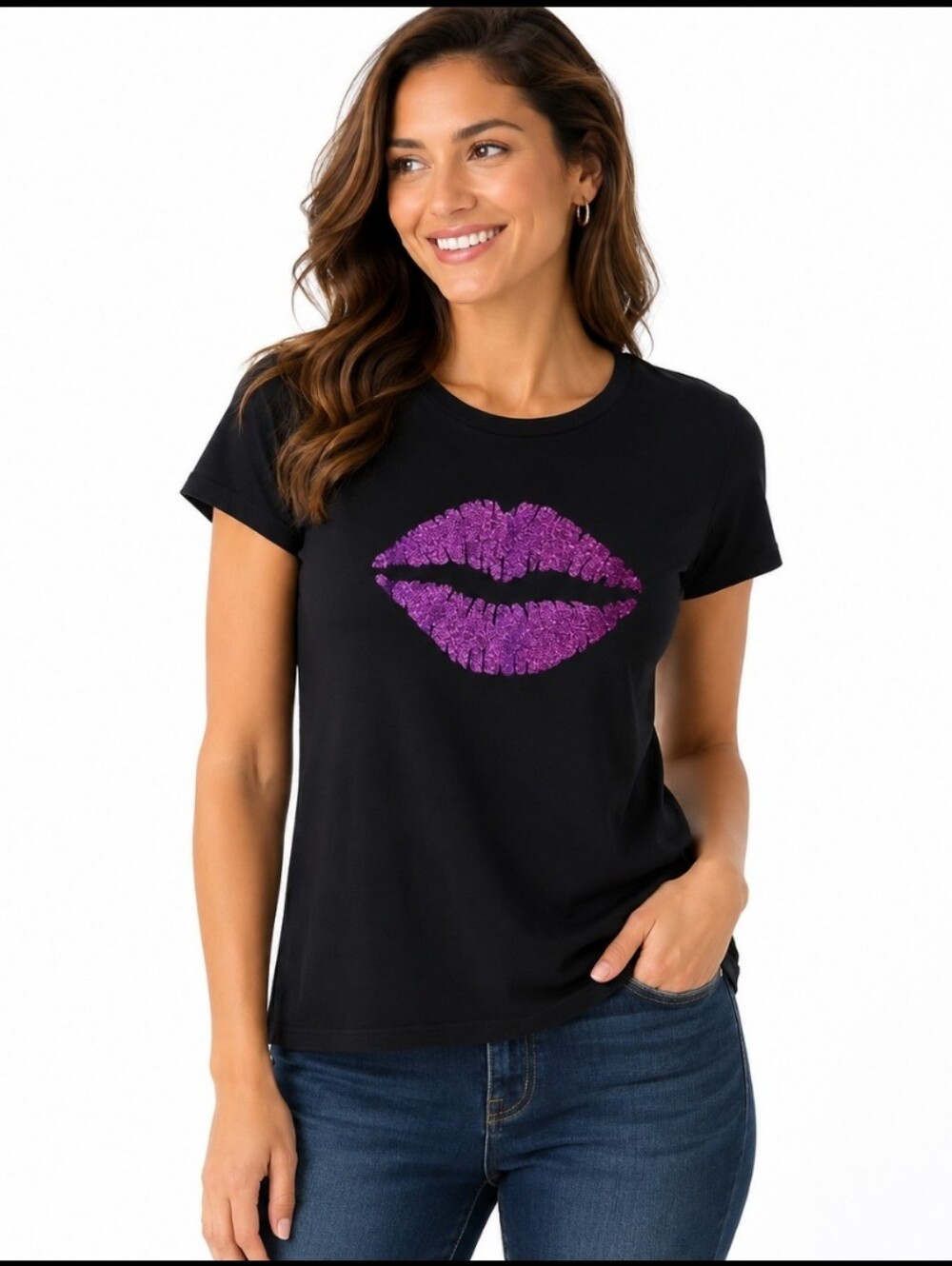 Anvil Black Purple Glitter Kiss Cotton Blend Tshirt Sz Lg